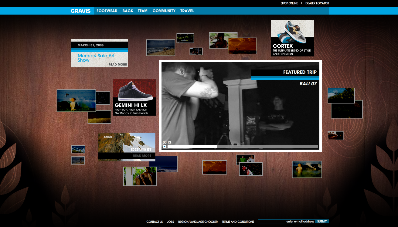 Gravis home page with a collage of travel photos around a featured trip film
