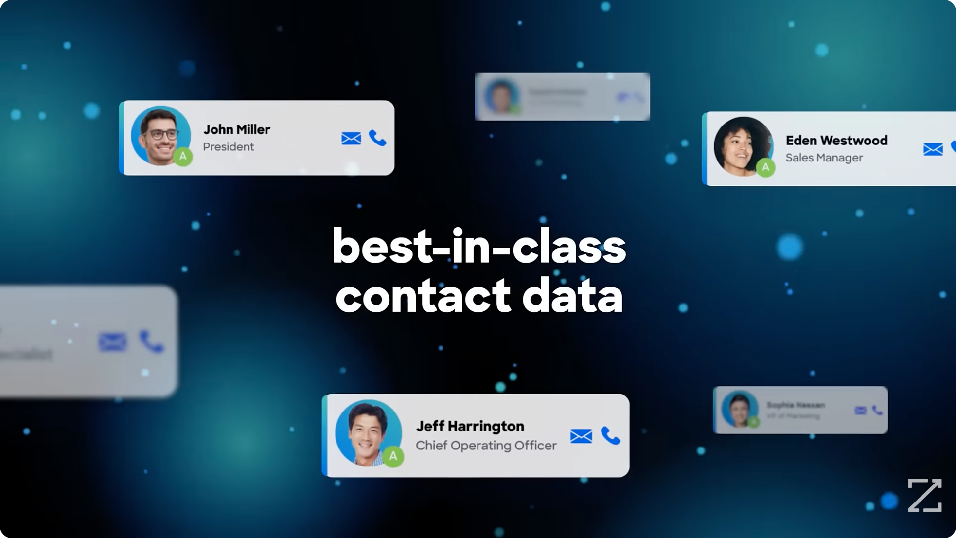 Frame from the MarketingOS sizzle reel: best-in-class contact data, with floating contact cards on a teal particle field
